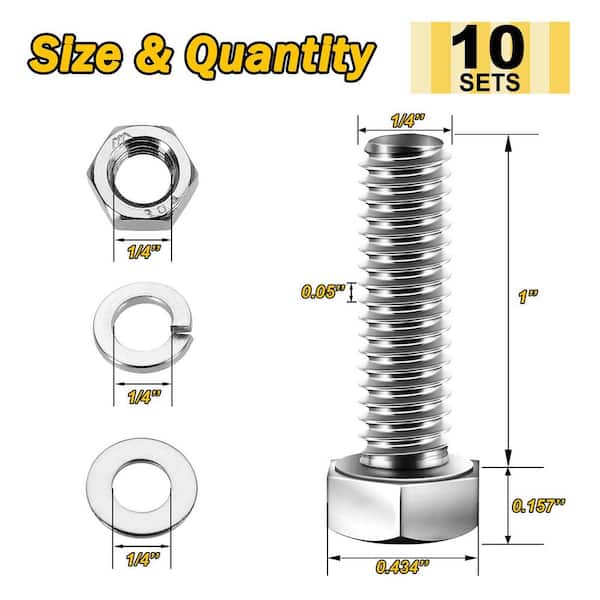 1/4 in.-20 x 1 in. Stainless Steel Uncoated Hex Bolt with Nut, Washer and Lock Washer (10-Pack)
