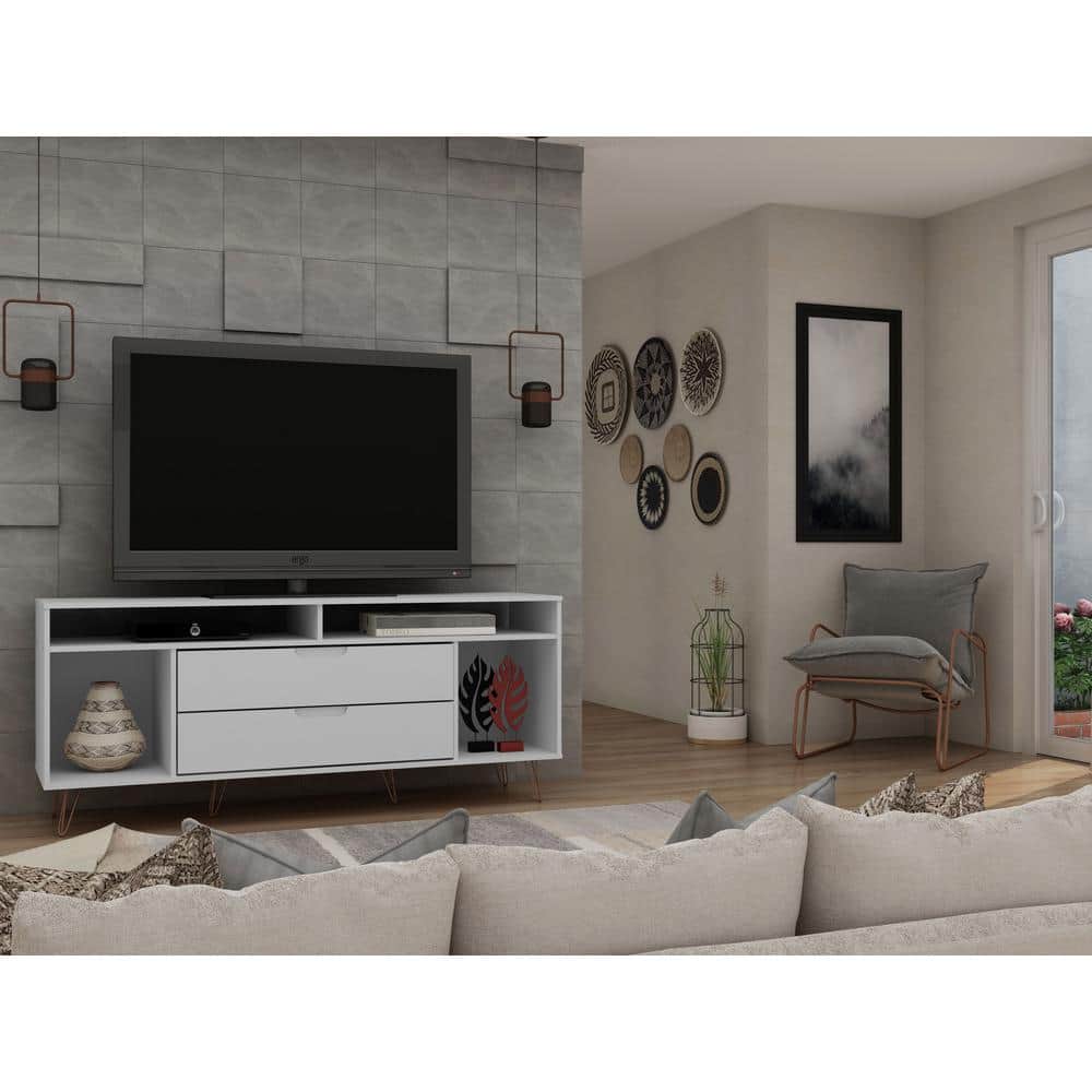 Rockefeller 62.99 in. White TV Stand Fits TVs Up to 60 in. with 4 Open Shelves and Cable Management