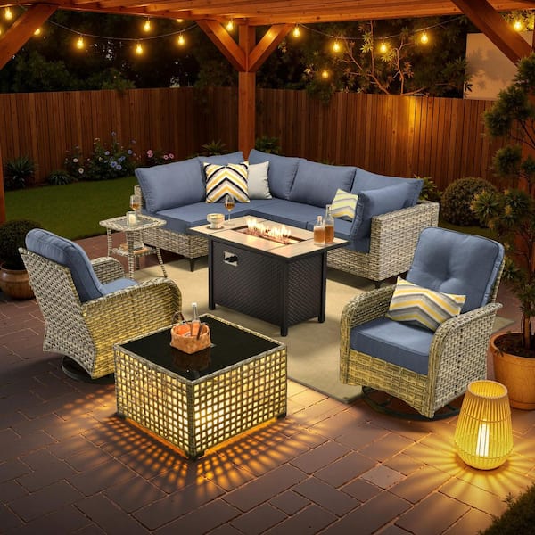Solvoc 9-Piece Wicker Outdoor Patio Conversation Set with 42 in. Fire Pit Table, Denim Blue Cushions and Swivel Chairs