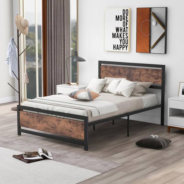 Platform Bed Metal And Wood Frame, Wood Iron Bed Headboard