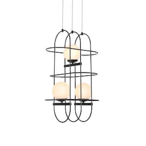 Lyra 16-Watt Integrated LED Black Chandelier with 3 Glass Shades and Black Cage Island Lighting