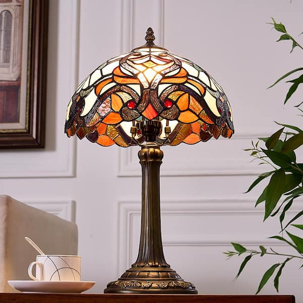 19 in. Multi-Colored Tiffany Style Bronze Finish Table Lamp with Baroque Stained Glass Lamp Shade
