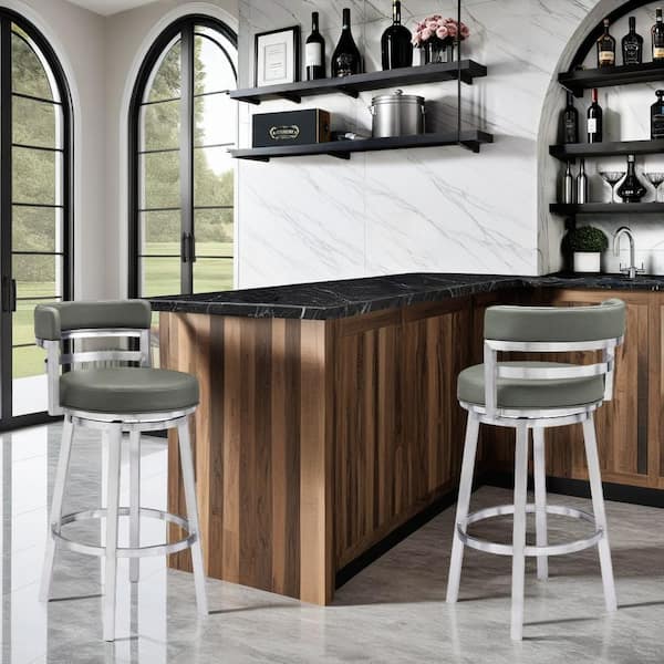 Armen Living Madrid Contemporary 30 in. Bar Height Bar Stool in Brushed Stainless Steel and Grey Faux Leather