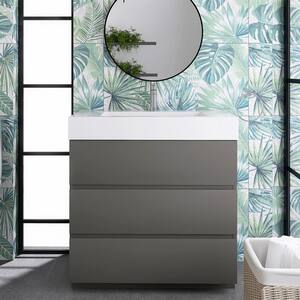 36 in. W x 18 in. D x 32.3 in. H Single Sink Freestanding Bath Vanity in Gray with White Solid Surface Top