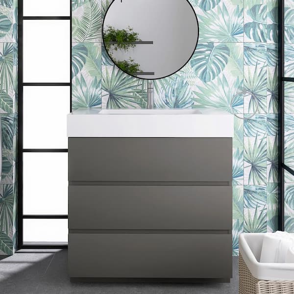 35.8 in. W x 18.1 in. D x 37 in. H Single Sink Freestanding Bath Vanity in Gray with White Solid Surface Top