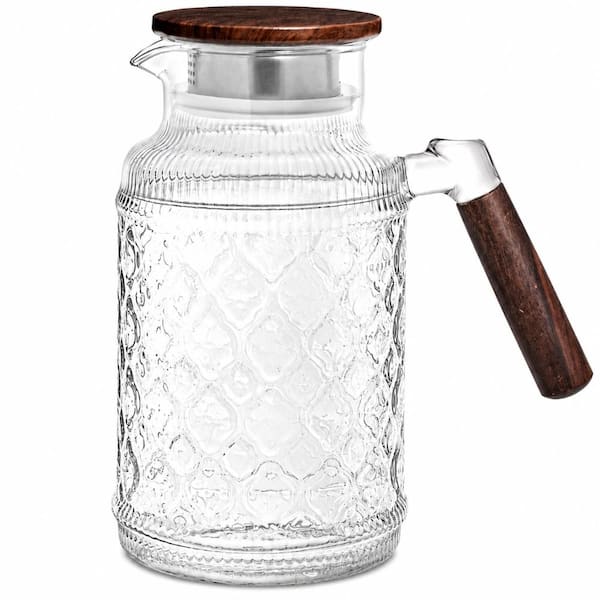 68 oz Borosilicate Glass Water Pitcher with Wooden Lid and Handle, Heat Resistant, BPA-Free for Fridge