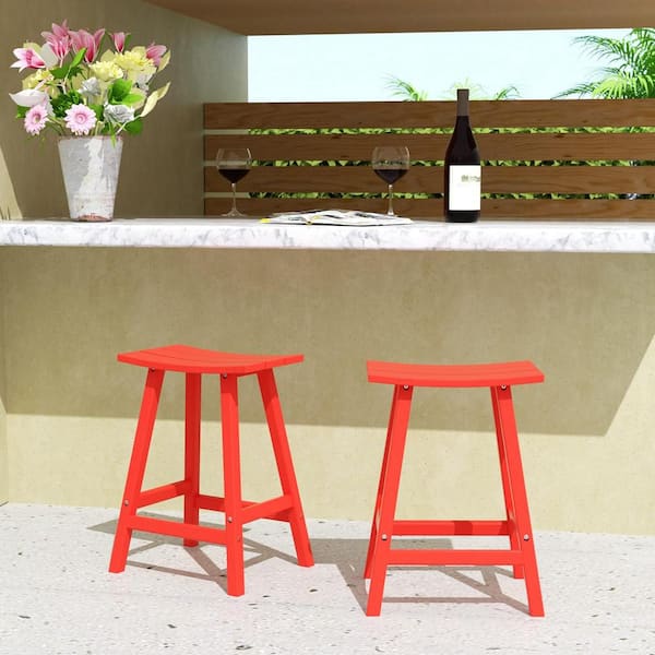 Unbranded 24 in Red Plastic Counter Height Outdoor Bar Stool (2-Pack)