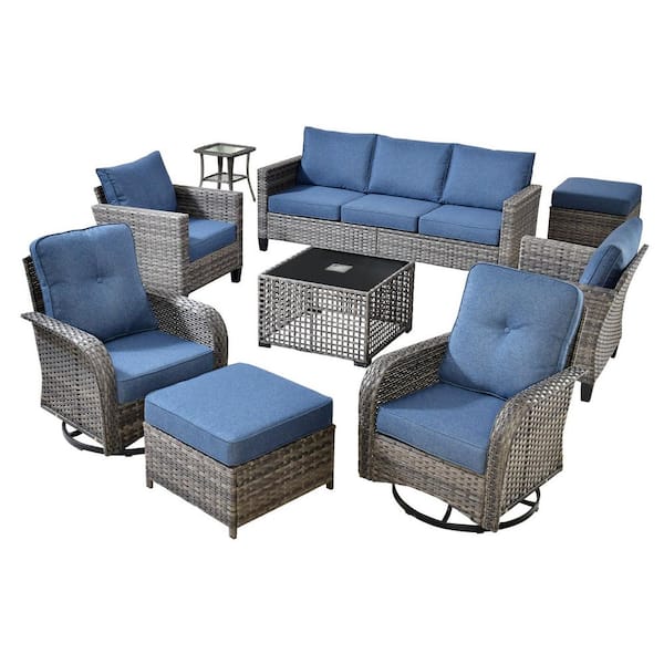 Daphne 9-Piece Wicker Patio Conversation Sofa Seating Swivel Rocking Chairs Set with Ottomans and Denim Blue Cushions