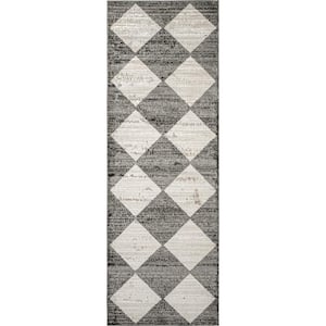 Gianna Contemporary Geometric Checker Tile Gray 2 ft. 8 in. x 8 ft. Runner Rug