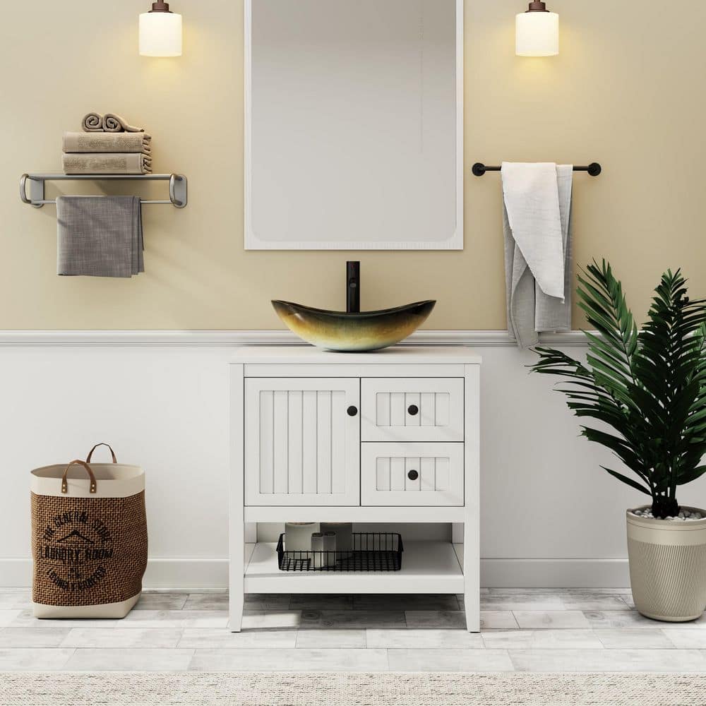 30 in. W x 20 in. D x 32 in. H Single Sink Freestanding White Bath Vanity with Champagne Oval Glass Vessel Sink Top price history on PriceWatchPro
