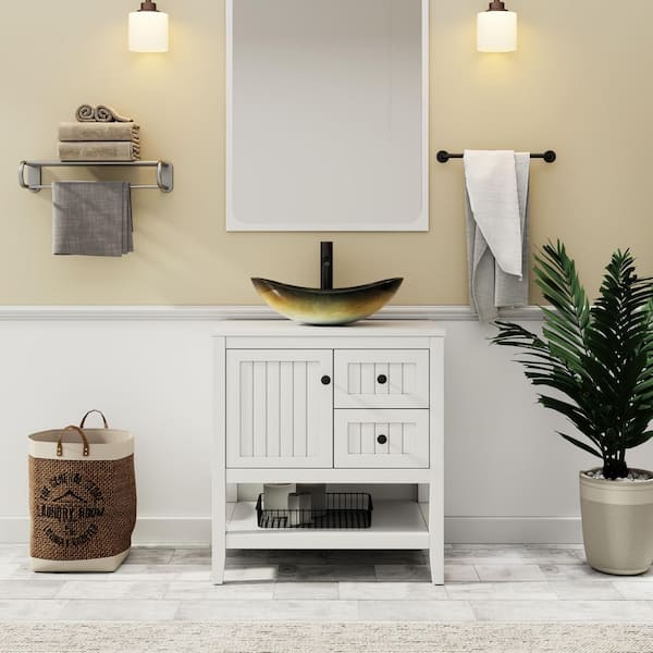 30 in. W x 20 in. D x 32 in. H Single Sink Freestanding White Bath Vanity with Champagne Oval Glass Vessel Sink Top