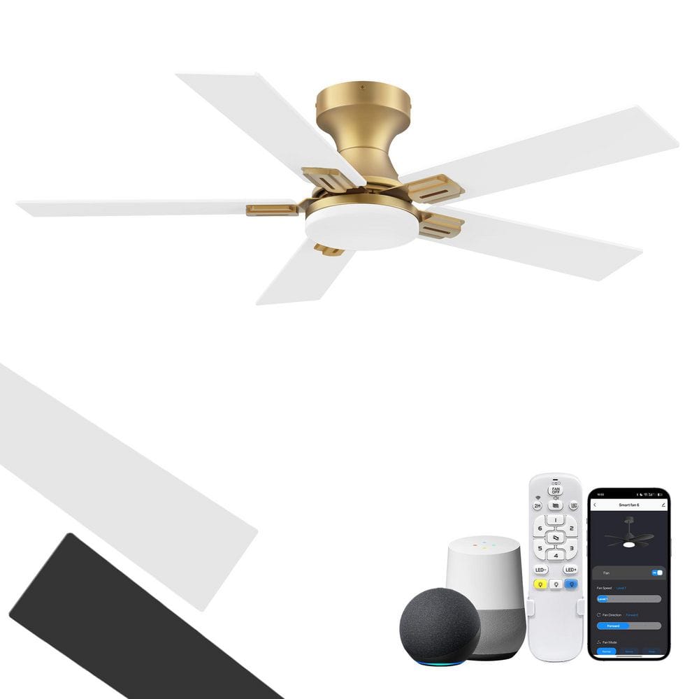 42 in.Smart Outdoor Indoor Gold White Flush Mount Ceiling Fan with LED Lights,Remote, Voice Control via Alexa,Dimmable