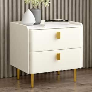 Luxury PU Leather Nightstand Bedside Table with 2 Drawers and Golden Metal Leg, Beige