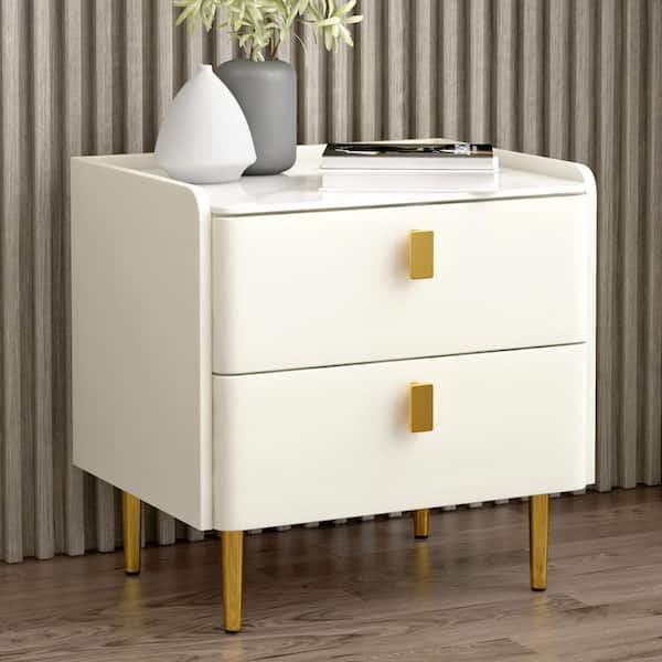 Magic Home Luxury PU Leather Nightstand Bedside Table with 2 Drawers and Golden Metal Leg, Beige