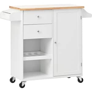 White Wood 41.3 in. Kitchen Island with 2-Drawers, Towel Rack and 4 Wheels
