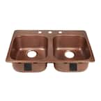 Santi Drop-In Handmade Pure Solid Copper 33 in. 3-Hole 50/50 Double Bowl Copper Kitchen Sink in Antique Copper
