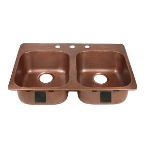 Santi Drop-In Handmade Pure Solid Copper 33 in. 3-Hole 50/50 Double Bowl Copper Kitchen Sink in Antique Copper