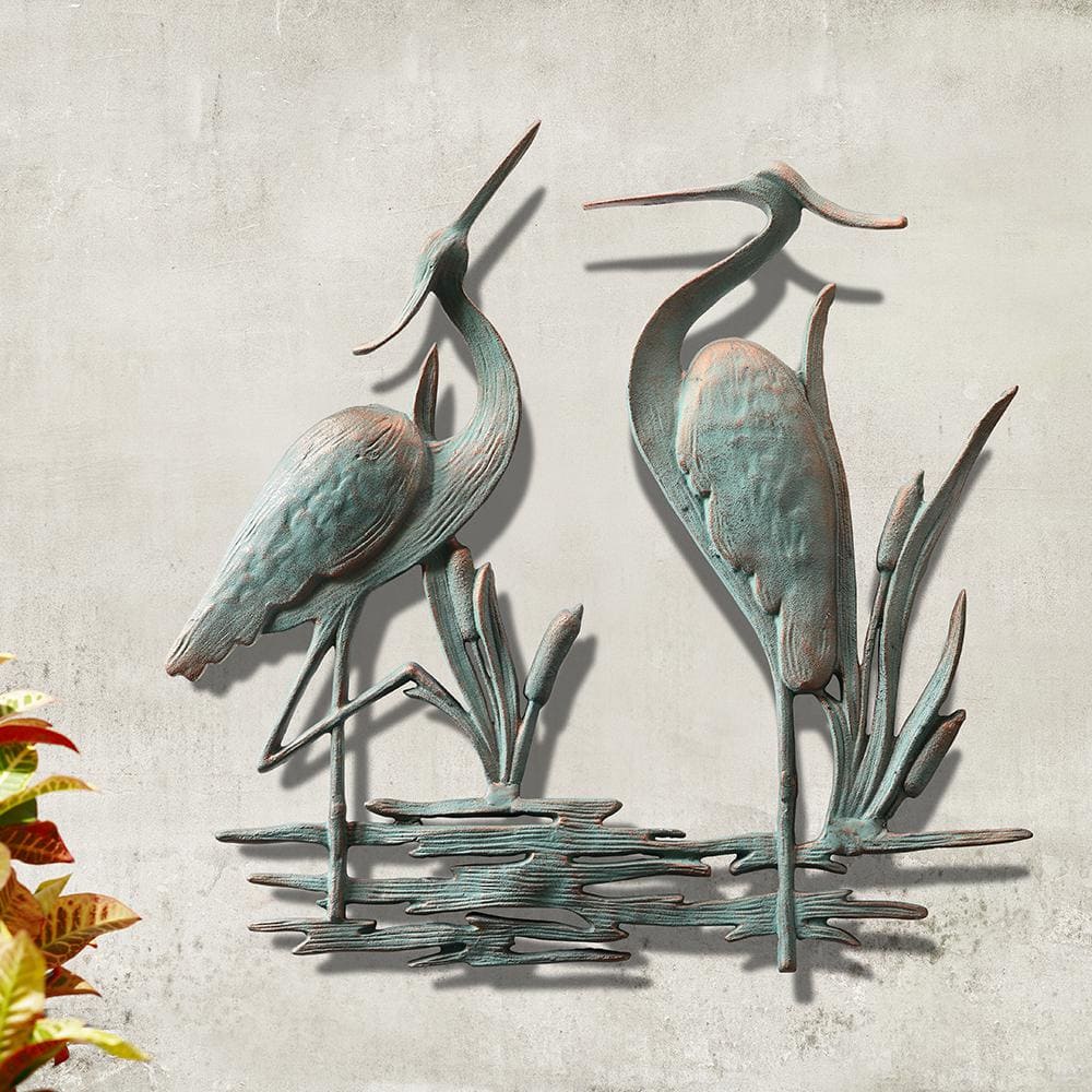 Verdigris Patina Aluminum Heron Wall Sculpture for Indoor/Outdoor