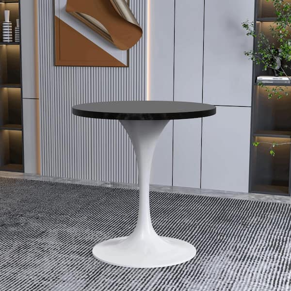 Leisuremod Verve Modern Dining Table with a 27 in. Round MDF Wood Tabletop and White Steel Pedestal Base, Black
