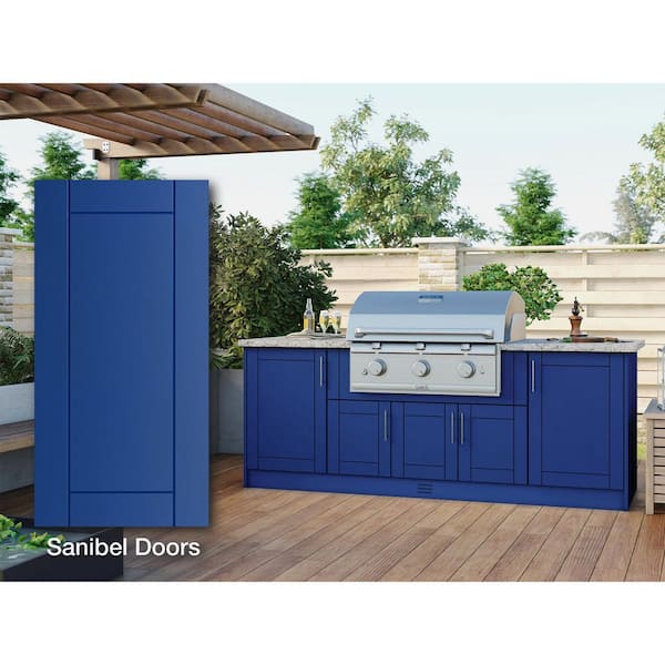 WeatherStrong Sanibel Reef Blue 14-Piece 91.25 in. x 34.5 in. x 28.5 in. Outdoor Kitchen Cabinet Island Set