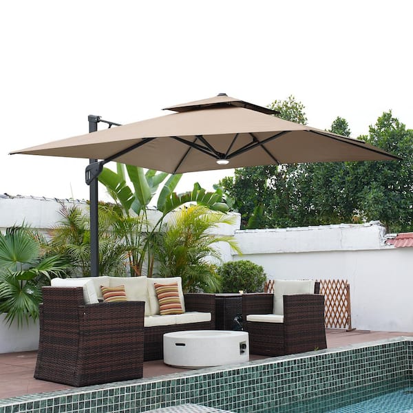 10 ft. Aluminum Cantilever Bluetooth Speaker Atmosphere Lamp Offset Outdoor Patio Umbrella with Base/Stand in Taupe