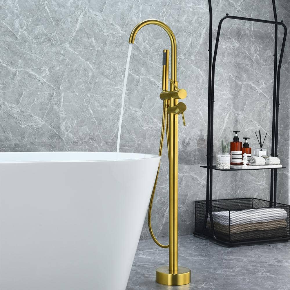 Brushed Gold Stainless Steel Freestanding Tub Faucet with Handshower