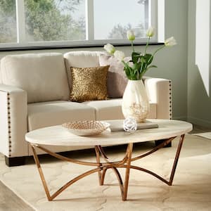 47.7 in. Gold Oval White Faux Marble Top Champagne Finish Coffee Table