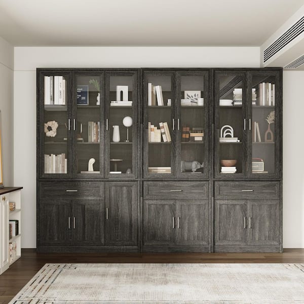 79.9 in. Tall Brown Wood Grain 18-Shelf Standard Bookcase, Storage Cabinet, Sideboard with 3 Large Drawer & 7 Glass Door