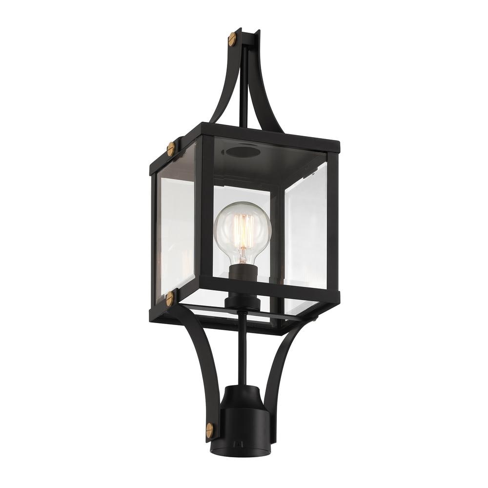 Raeburn Matte Black and Brass Outdoor Post Lantern with Clear Glass