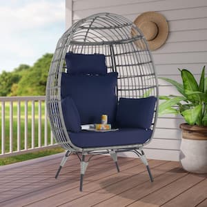 Oversized Outdoor Gray Rattan Egg Chair Patio Chaise Lounge Indoor Living Room Basket Chair with Navy Blue Cushion