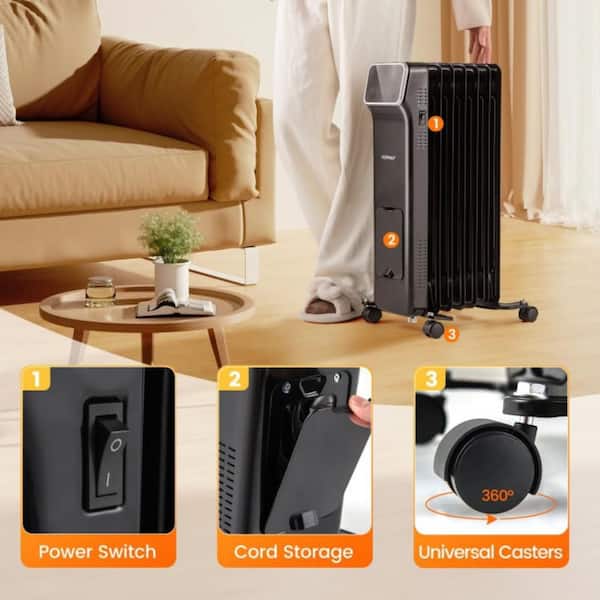 1500-Watt Electric Oil Filled Radiator Space Heater with Remote Control 3 Modes 24H Timer for Living Space