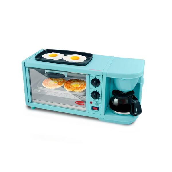 Americana Retro Collection 3-in-1 Deluxe Blue Breakfast Station 4-Slice Toaster Oven, Coffee Maker, and Griddle