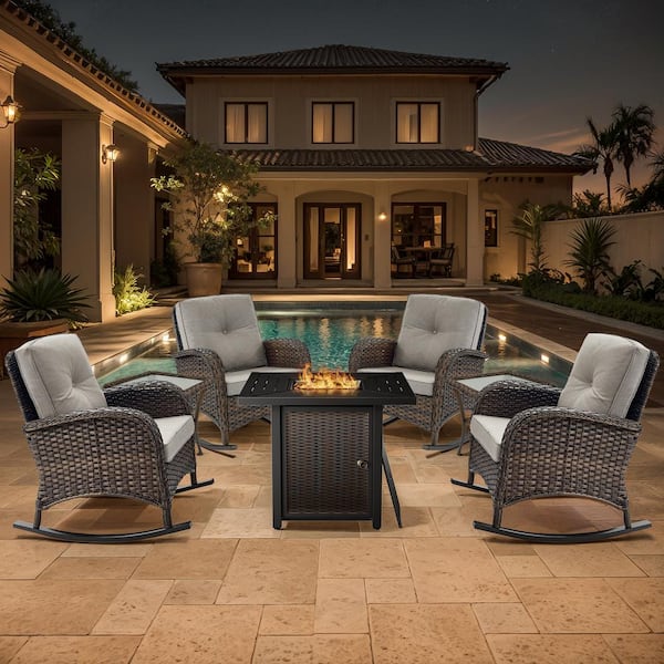 Brown 7-Piece Wicker Patio Fire Pit Set, Outdoor 4-Person Seating Set with Olefin Beige Cushions and Rocking Chairs