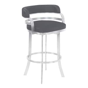 Prinz 26 in. Metal Swivel Bar Stool in Gray Faux Leather with Brushed Stainless Steel and Gray Walnut Back