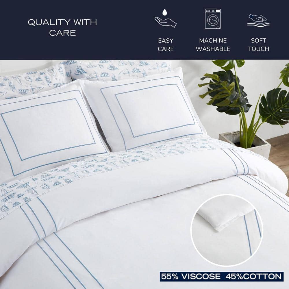 White Cotton Queen Duvet Cover Set with Blue Embroidery
