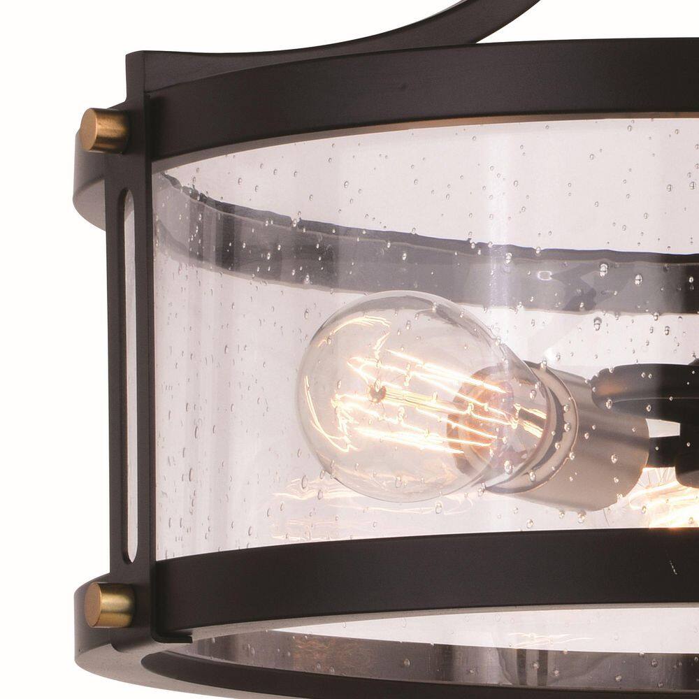 Holbrook 15.75" Matte Black & Satin Brass Drum Semi-Flush Mount with Clear Seeded Glass