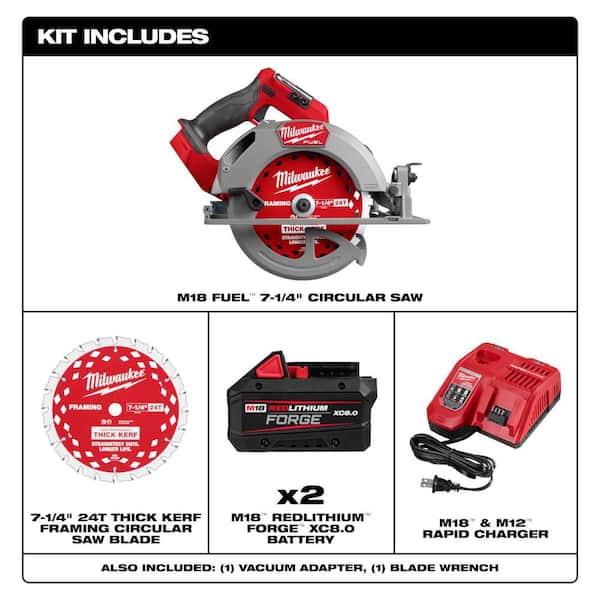 M18 FUEL 18V Lithium-Ion Brushless Cordless 7-1/4 in. Circular Saw w/ (2) FORGE 8.0 Ah Batteries & Charger