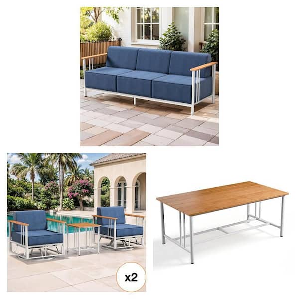 Minimalism 3-Seat Metal Outdoor Sofa with Blue Cushions, 3-Piece Rocking Chair Set with Table and Coffee Table Combo