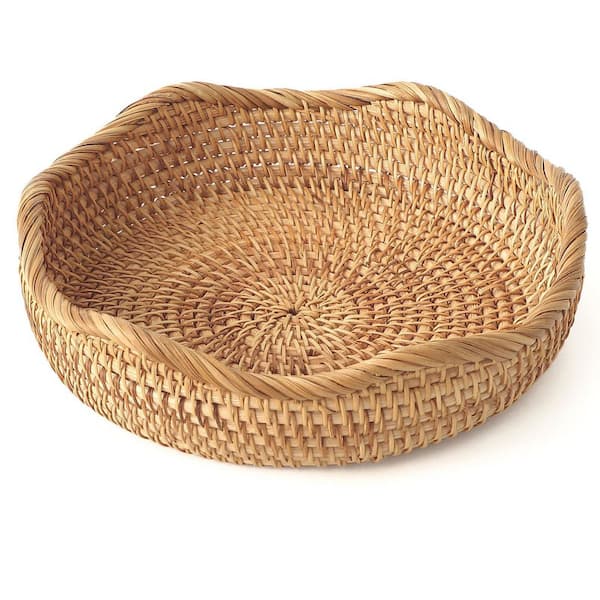 Hand-Woven Honey Brown Rattan Round Bread Basket, 8.7 in. Natural Woven Serving Bowl for Display and Storage