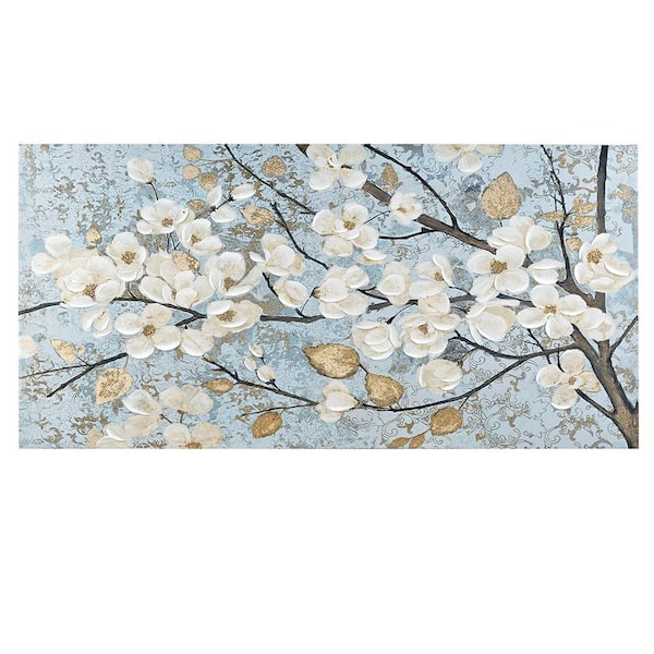 Unbranded Gold Foil and Hand Embellished Floral Framed Canvas Wall Art Print 19 in. x 39 in. for Home Wall Decor