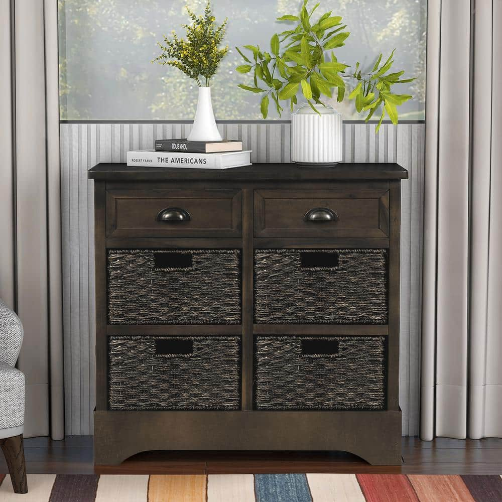 ANBAZAR Espresso Storage Cabinet Console Table with 2-Drawers and 4-Wicker  Baskets for Home Entryway Living Room KZ-031-B - The Home Depot