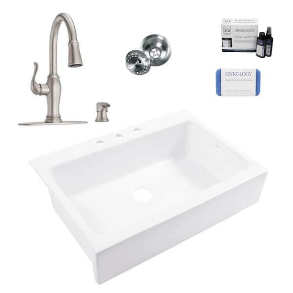 SINKOLOGY Josephine 34 in. 3-Hole Quick-Fit Farmhouse Drop-in Single Bowl White Fireclay Kitchen Sink with Maren Faucet Kit