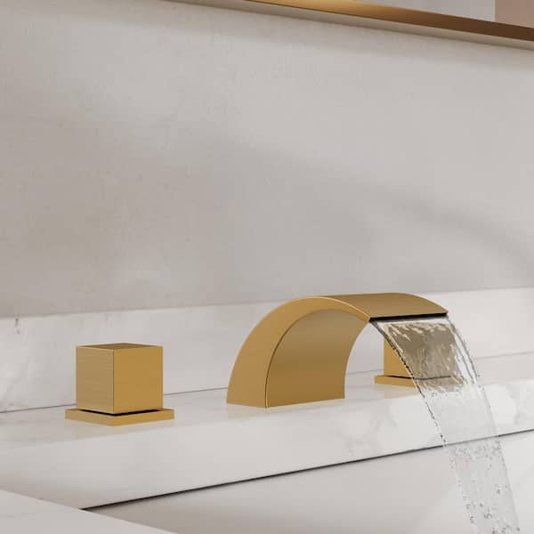 Waterfall 8 in. Widespread Deck Mount 2-Handle Bathroom Basin Sink Faucet 1.2 GPM in Brushed Gold with Drain Included