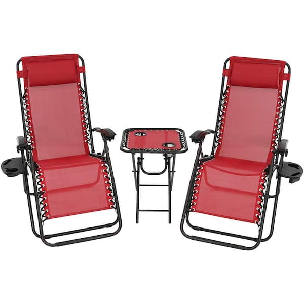 Sunnydaze Zero Gravity Red Sling Beach Chairs with Side Table (Set of 2)