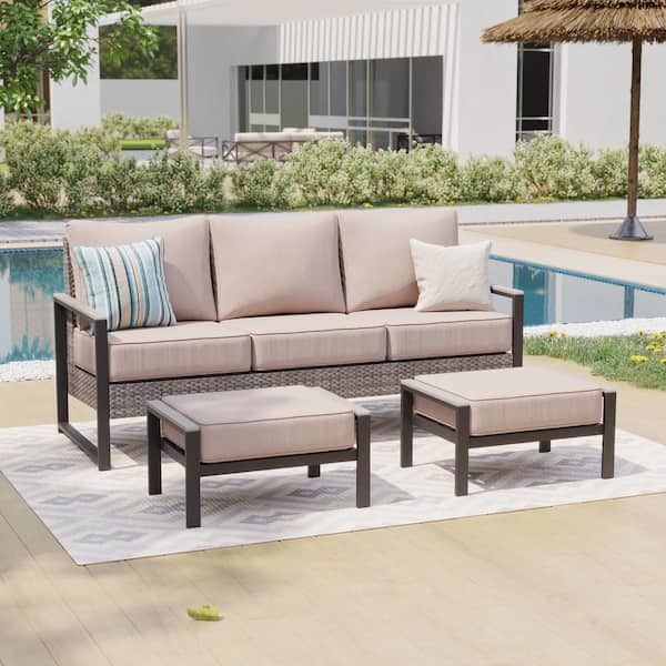 Sonkuki 3 Pieces Patio Conversation Set Patio Sofa Set All-Weather Gray Wicker with Sand Cushion