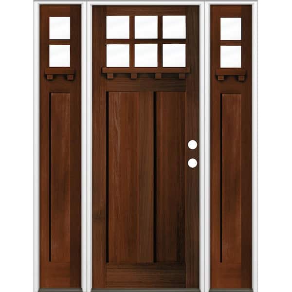 Krosswood Doors 64 in. x 96 in. Craftsman 6-Lite Clear Glass Left Hand Red Mahogany Stain Hemlock Wood Prehung Front Door w/ DSL and DS