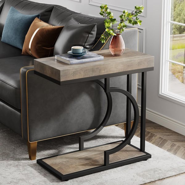 BYBLIGHT Kerlin 23.6 in. Gray and Black C Shaped Wood Narrow End Table, 2-Tier Side Table with Metal Frame for Living Room, 1PC