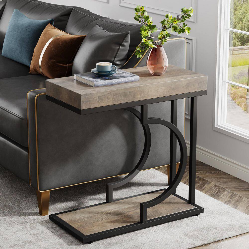 Kerlin 23.6 in. Mix Brown & Black C Shaped Wood Narrow End Table, 2-Tier Side Table with Metal Frame for Living Room