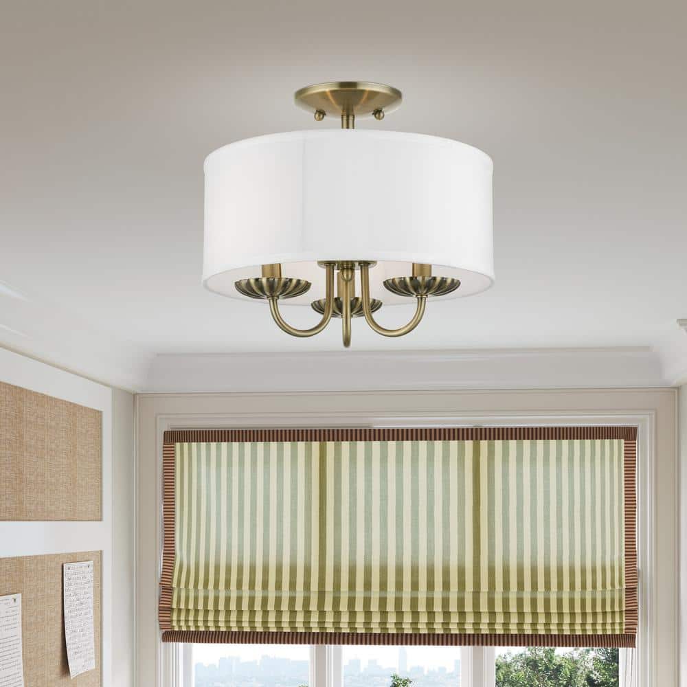 Antique Brass 13" Semi-Flush Mount with Off-White Drum Shade
