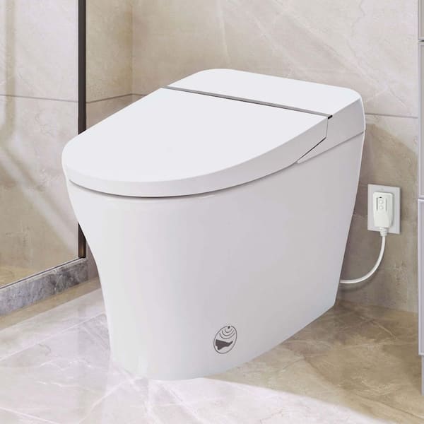 Elongated Smart Bidet Toilet in White with Foot Sensor Flush 1/1.28 GPF, Self-Cleaning Nozzle, Knob Control, Night Light